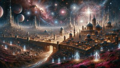 The primary subject of the image is a futuristic cityscape with a large number of buildings, including a castle-like structure. The setting is a nighttime cityscape with a starry sky, giving the scene a sense of wonder and awe. The visual style is a digital artwork, which adds to the futuristic and fantastical atmosphere. The colors and mood of the image are predominantly dark and mysterious, with the starry sky and illuminated buildings creating a striking contrast.